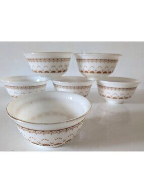 Lot of 6 Vintage Peacock Milk Glass Small Bowls White Brown Pattern Footed 4 oz